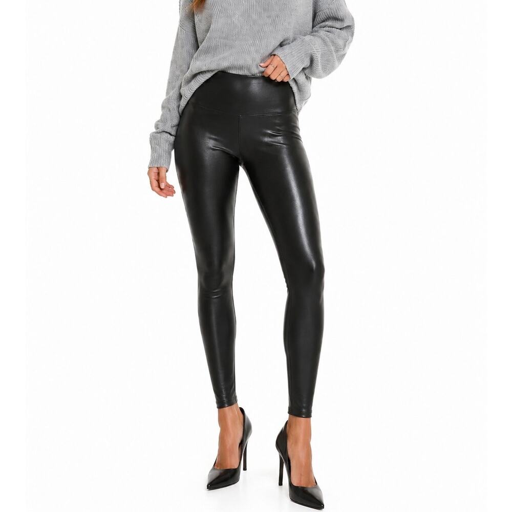 SPANX Faux Leather Leggings Black High Rise Petite Size M Shaping Skinny Pants